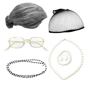 Old Lady Costume Kit. Inc: Glasses Pearls Necklace Earrings Black Bead Chain‎